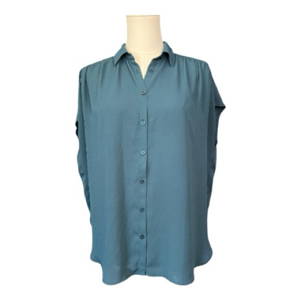 EUC LOFT teal button up short sleeve blouse | size medium